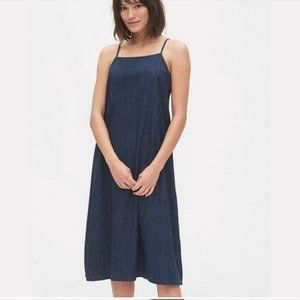 Gap Medium Wash Denim Tie Back Midi Flare Slip Dress 100% Cotton Size L Large